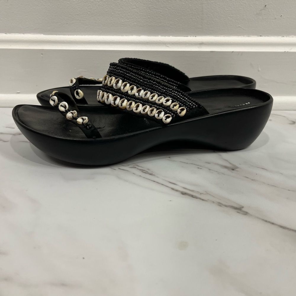 Robert Clergerie Sable Printed Seashell Black Leather Slide Sandals Size 7